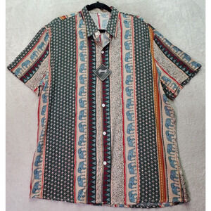 Hooyi Shirt Men's 2XL Multi Elephant Print 100% Rayon‎ Short Sleeve Button Down